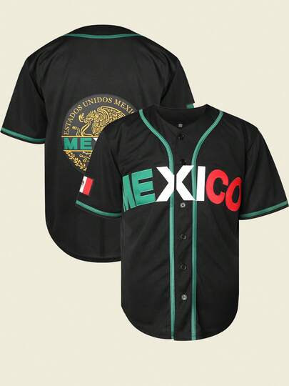 Chaqueta de béisbol negra para hombres, camiseta deportiva con botones bordados y diseño casual, ropa deportiva ideal para entrenamientos y partidos de verano.
