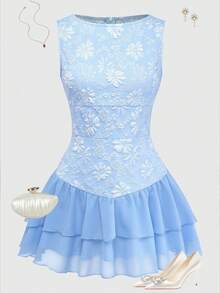 GlowEve Women's Round Neck Jacquard Pleated Color Block Elegant Waist Midi Dress, Suitable For Dates And Parties - Baby Blue - View 9