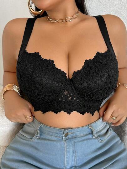 SHEIN 加大码黑色蕾丝文胸，带钢圈，舒适宽肩带，提升胸型