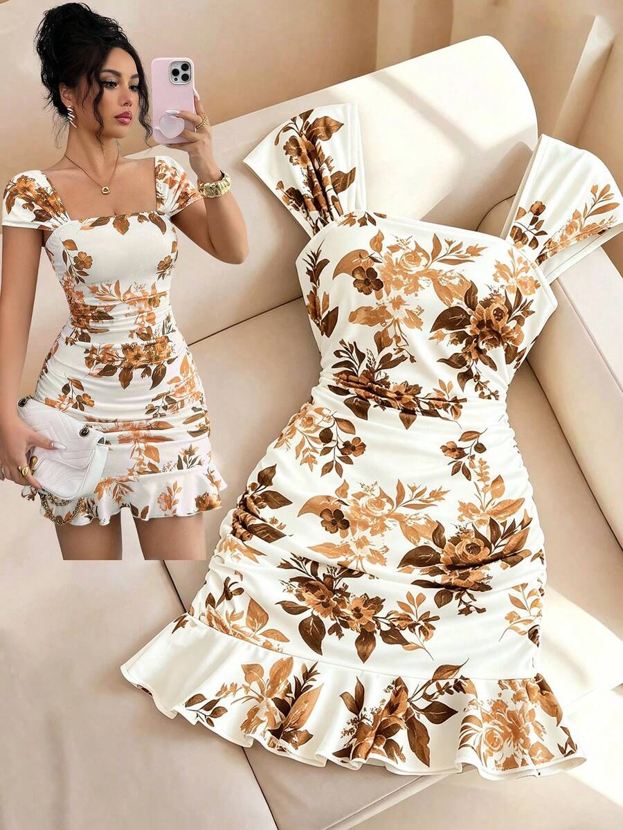 SHEIN LUNE Đầm ngắn nữ mùa hè kiểu vintage thanh lịch in hoa, xếp ly ở gấu, thích hợp cho hẹn hò và du lịch. - Màu vàng - Xem 1