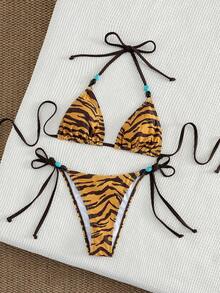 Swim Vcay 女士夏季热带岛屿虎纹吊带比基尼，绿松石色串珠肩带，狂野豹纹与轻松度假风情完美融合，性感沙滩泳装套装 - 彩色 - 查看 3
