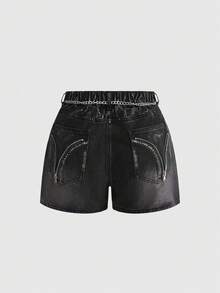 ROMWE Grunge Punk Punk Y2K Leopard Print Metal Rhinestone Chain Decor Mini Denim Shorts, Subculture Leopard Print Punk Plus Size Denim Shorts - Black - View 5