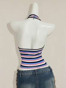 SHEIN ICON Sexy Deep V-Neck Rainbow Striped Tight Camisole,Summer Top - Multicolor - View 2