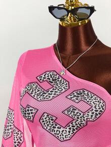 Amplova Women's Street Style Mesh Shoulder Cutout Sexy See-Through Graphic Tank Top - Hot Pink - View 4