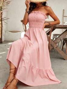 EMERY ROSE Women Casual Strapless Summer Holiday Dress With Simple Frill Trimmed Decoration Maxi Women Outfit - Baby Pink - View 5