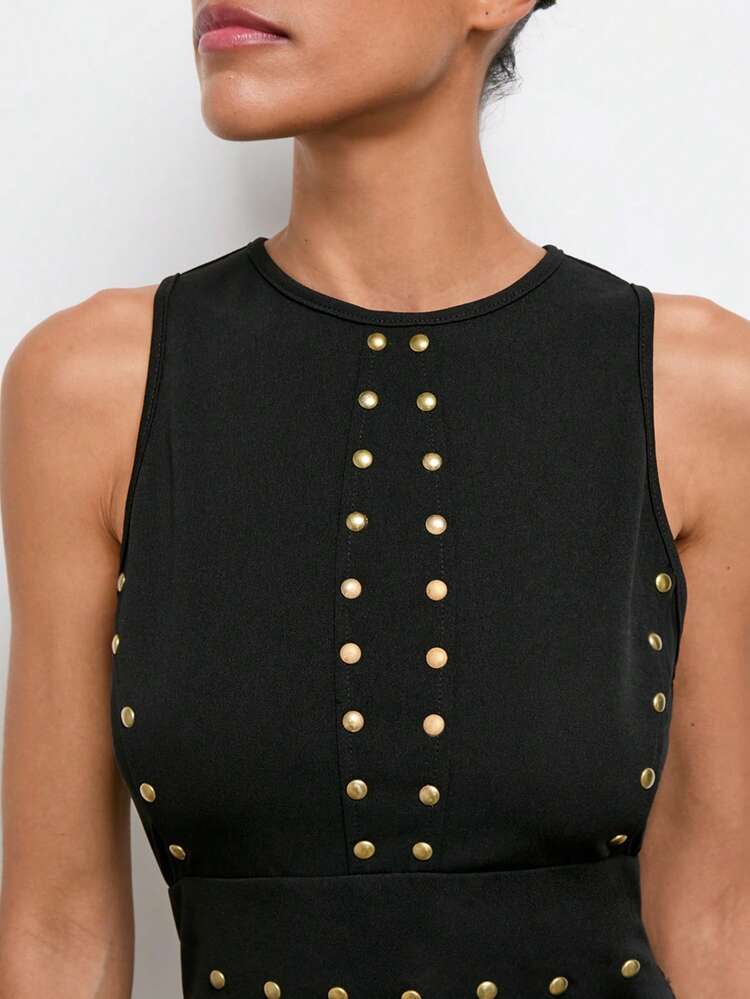 SHEIN Maija Women's Casual Rivet Decor Round Neck Simple Party Mini Dress