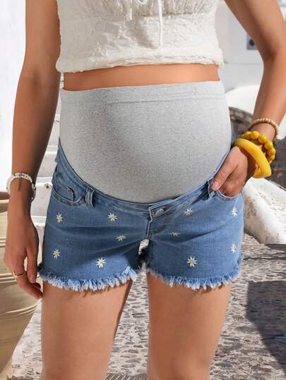 SHEIN Quần short denim rách gấu, thêu hoa, dành cho bà bầu, thích hợp mặc mùa hè.