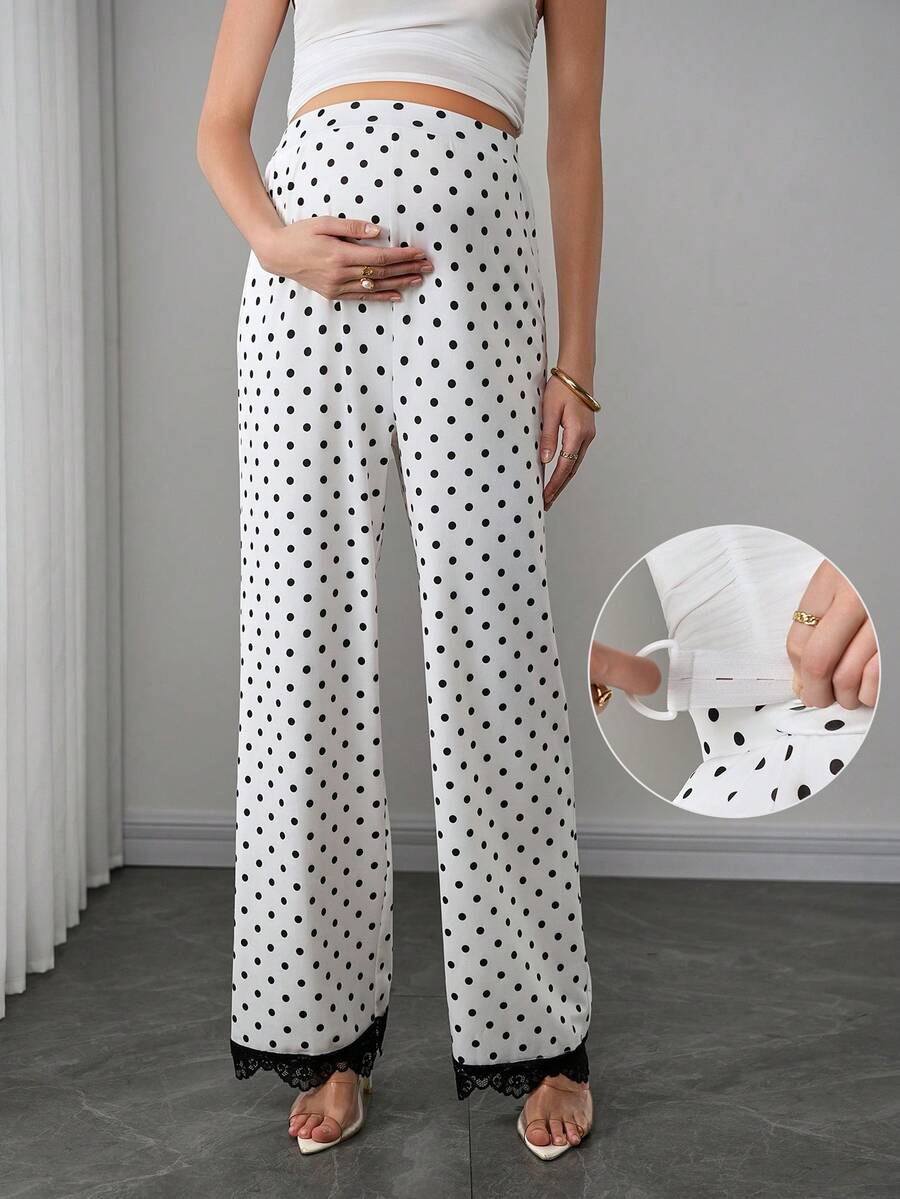 Momance 女士休闲波点直筒裤，饰有优雅撞色蕾丝边，孕妇裤 - 彩色 - 查看 1