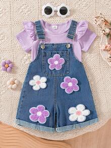 SHEIN Vintaside Kids 2pcs/Set Baby Girls' Summer Cute Blue Denim Bib Shorts Set,Floral Embroidery Pocket,Ribbed T-Shirt With Cap Flutter Sleeve,Casual Vacation Outfit - Purple - View 1