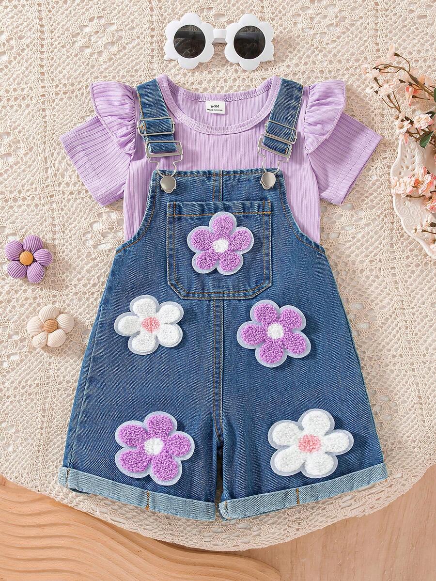 SHEIN Vintaside Kids 2pcs/Set Baby Girls' Summer Cute Blue Denim Bib Shorts Set,Floral Embroidery Pocket,Ribbed T-Shirt With Cap Flutter Sleeve,Casual Vacation Outfit - Purple - View 1