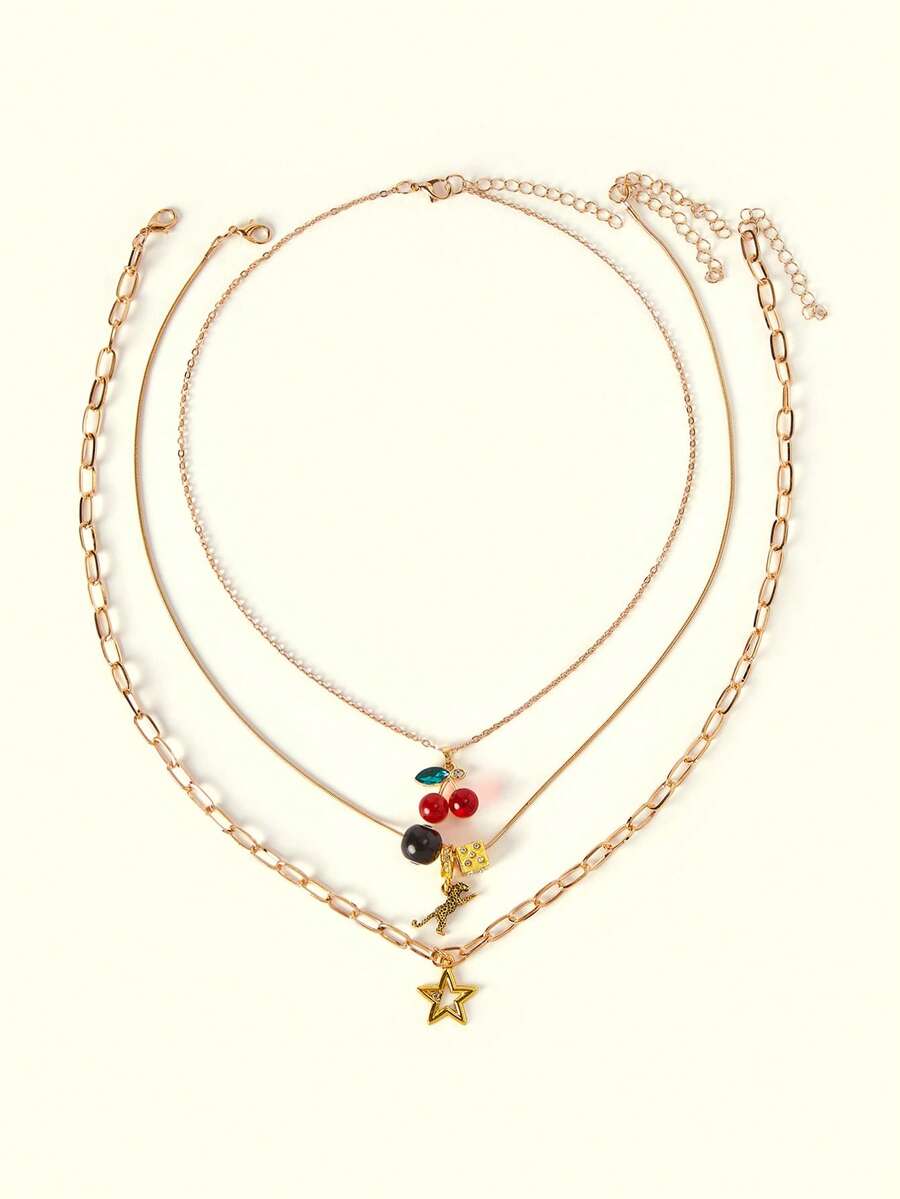 Popjeli 3pcs Leopard & Cherry Necklace Set, Red Cherry Necklace, Fashionable Star Necklace, Classic Leopard Necklace - Gold - View 1