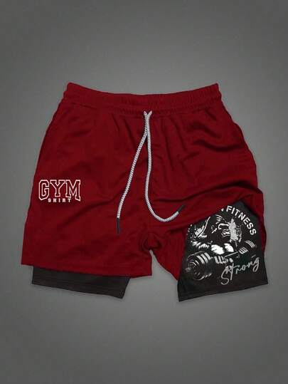Manfinity Sport Corelite Men's Letter Print Drawstring Waist Double Layer Sports Shorts