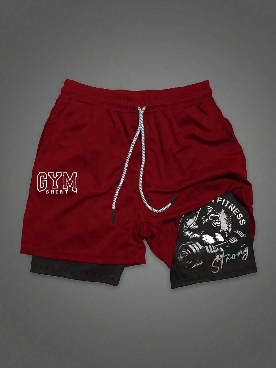 Manfinity Sport Corelite 男士字母印花抽绳腰双层运动短裤 - 酒紅色 - 查看 1