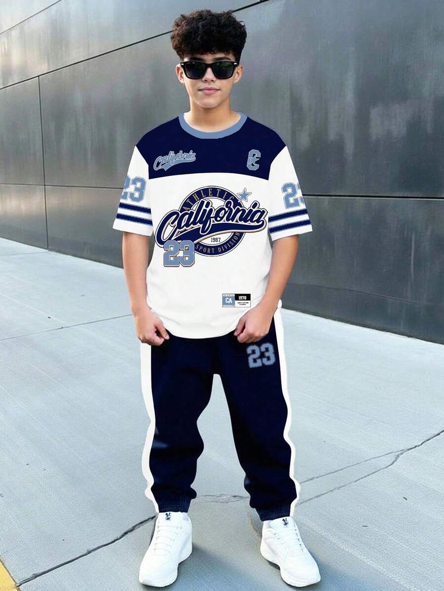 Tween Boy Casual Comfortable Minimalist Round Neck Short Sleeve T-Shirt And Pants Set - Multicolor - View 1