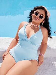 Swim Mod Plus Size Women Swimsuit, Sweet & Cute Casual Beach Holiday, Pink Textured Fabric With Ruffle Halter Tie Front One-Piece Swimwear - Blue - View 4