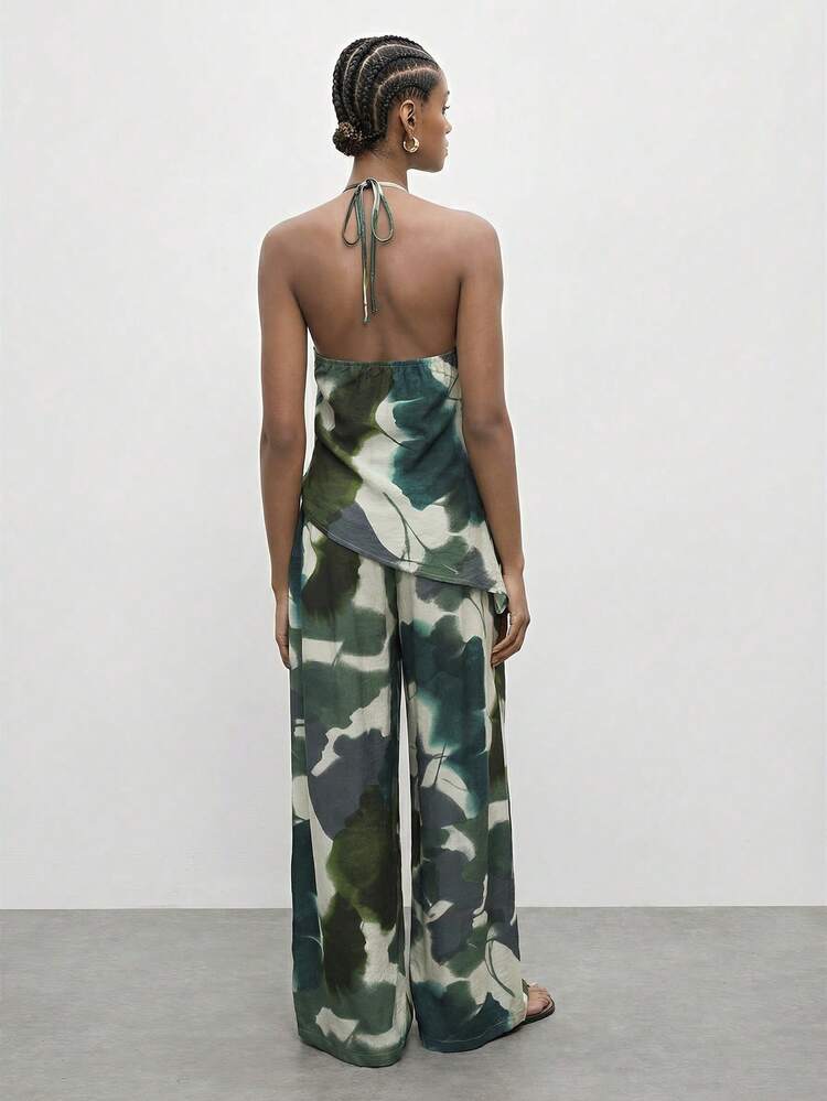 SHEIN Maija Women's Tie-Dye Asymmetrical Hem Halter Neck Sleeveless Top And Pocketed Casual Pants 2-Piece Set