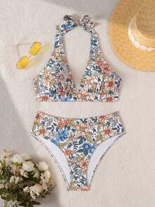Zestiva Conjunto de bikini de dos piezas con estampado floral tropical, de uso casual en la playa y de vacaciones de verano para mujer - Multicolor - Ver 4