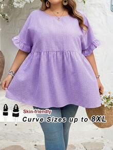 SHEIN CURVE+ Curve 加大码 US22 音乐节、海滨度假、波西米亚风 CURVE PLUS / / 女士格纹印花衬衫，适合春夏波西米亚风度假，休闲娃娃风衬衫 - 紫色 - 查看 9