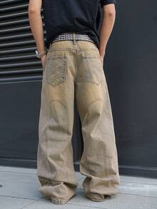 Manfinity EMRG Men's Casual Distressed Embroidered Vintage Denim Jeans - Light Yellow - View 2