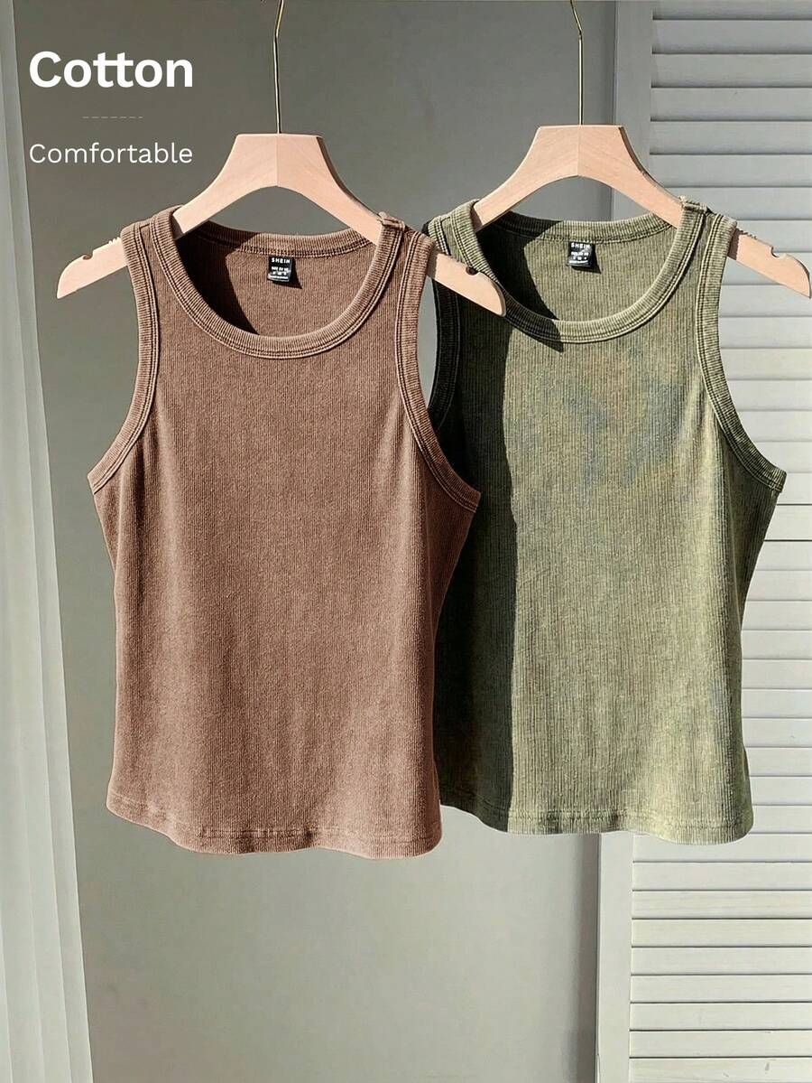 Comfortcana Bộ áo hai dây dệt kim liền mạch hai tông màu rách rưới dành cho nữ, mùa hè. - Nhiều màu - Xem 1