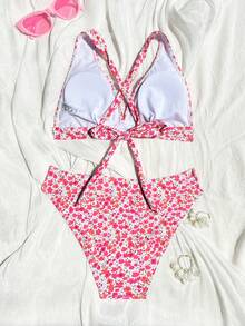 SHEIN Swim Vcay 2件套碎花露背交叉绑带比基尼泳衣套装 - 彩色 - 查看 5