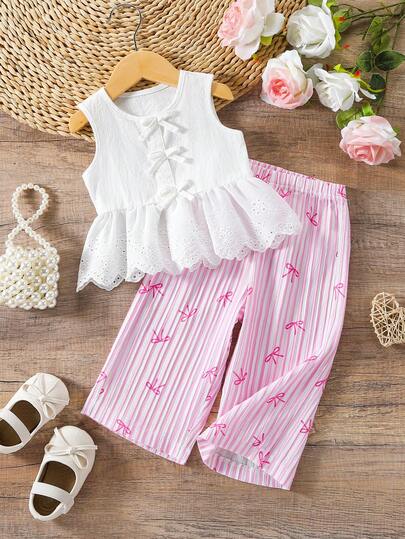 SHEIN Vintaside Kids 2件套女婴幼儿/新生儿0-3岁春夏休闲甜美日常度假条纹梭织无袖上衣和阔腿裤两件套