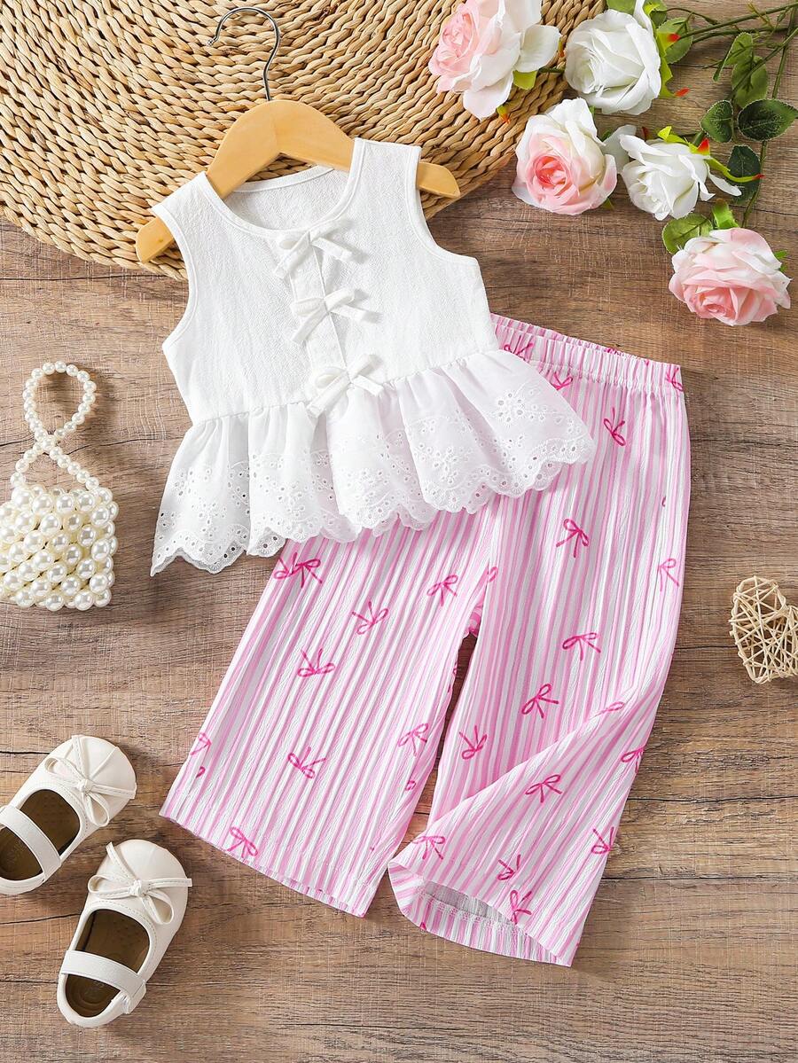 SHEIN Vintaside Kids 2件套女婴幼儿/新生儿0-3岁春夏休闲甜美日常度假条纹梭织无袖上衣和阔腿裤两件套 - 粉色 - 查看 1