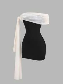 Sweetra Đầm mini ôm sát cơ thể trễ vai, thắt eo, đa năng, thời trang mới dành cho nữ, đầm dự tiệc dáng ôm. - màu đen - Xem 3