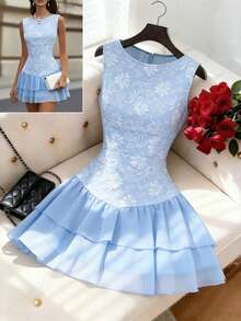 GlowEve Women's Round Neck Jacquard Pleated Color Block Elegant Waist Midi Dress, Suitable For Dates And Parties - Baby Blue - View 10