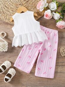 SHEIN Vintaside Kids 2件套女婴幼儿/新生儿0-3岁春夏休闲甜美日常度假条纹梭织无袖上衣和阔腿裤两件套 - 粉色 - 查看 2