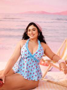SHEIN Swim Mod 大码女式泳衣，甜美可爱休闲沙滩度假随机花卉格纹樱桃印花交叉荷叶边挂脖系带两件式坦克泳衣 - 藍色 - 查看 1