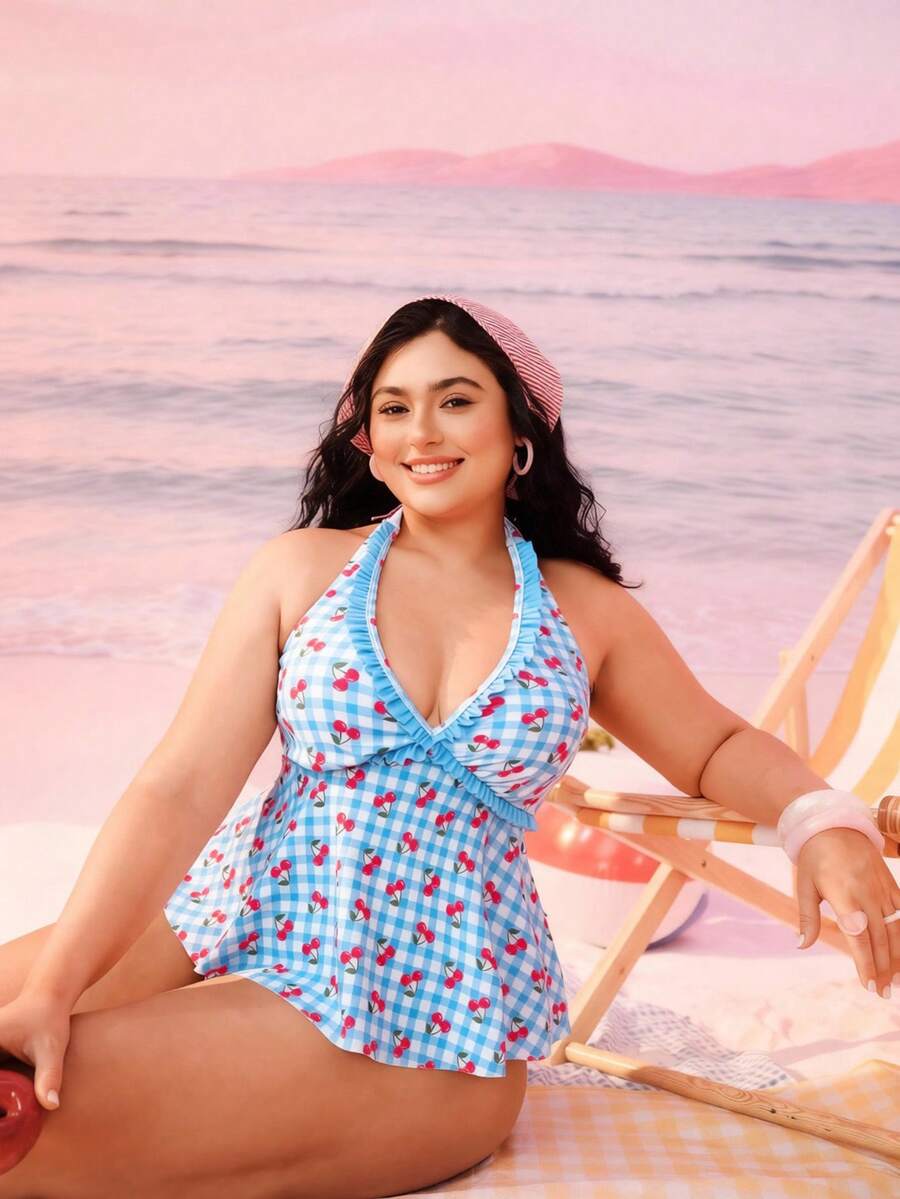 SHEIN Swim Mod 大码女式泳衣，甜美可爱休闲沙滩度假随机花卉格纹樱桃印花交叉荷叶边挂脖系带两件式坦克泳衣 - 藍色 - 查看 1