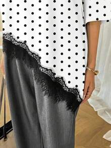 T-shirt asymétrique à pois, patchwork en dentelle, style décontracté pour ados filles en été - Blanc - Voir 7