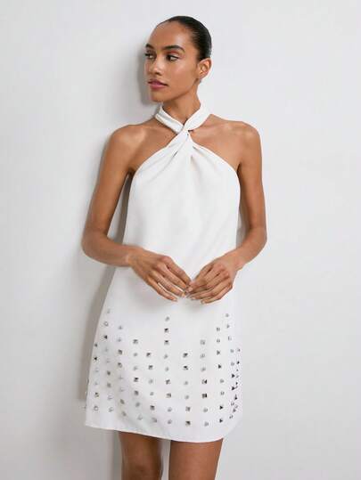 Maija Vestido mini de fiesta minimalista de unicolor con escote halter para mujer