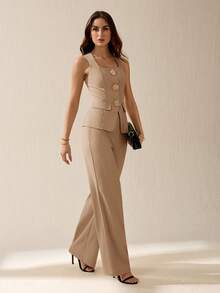 SHEIN Tall 女款時尚優雅通勤背心與長褲兩件套，度假穿搭，適合高個女性 - 卡其色 - 查看 7