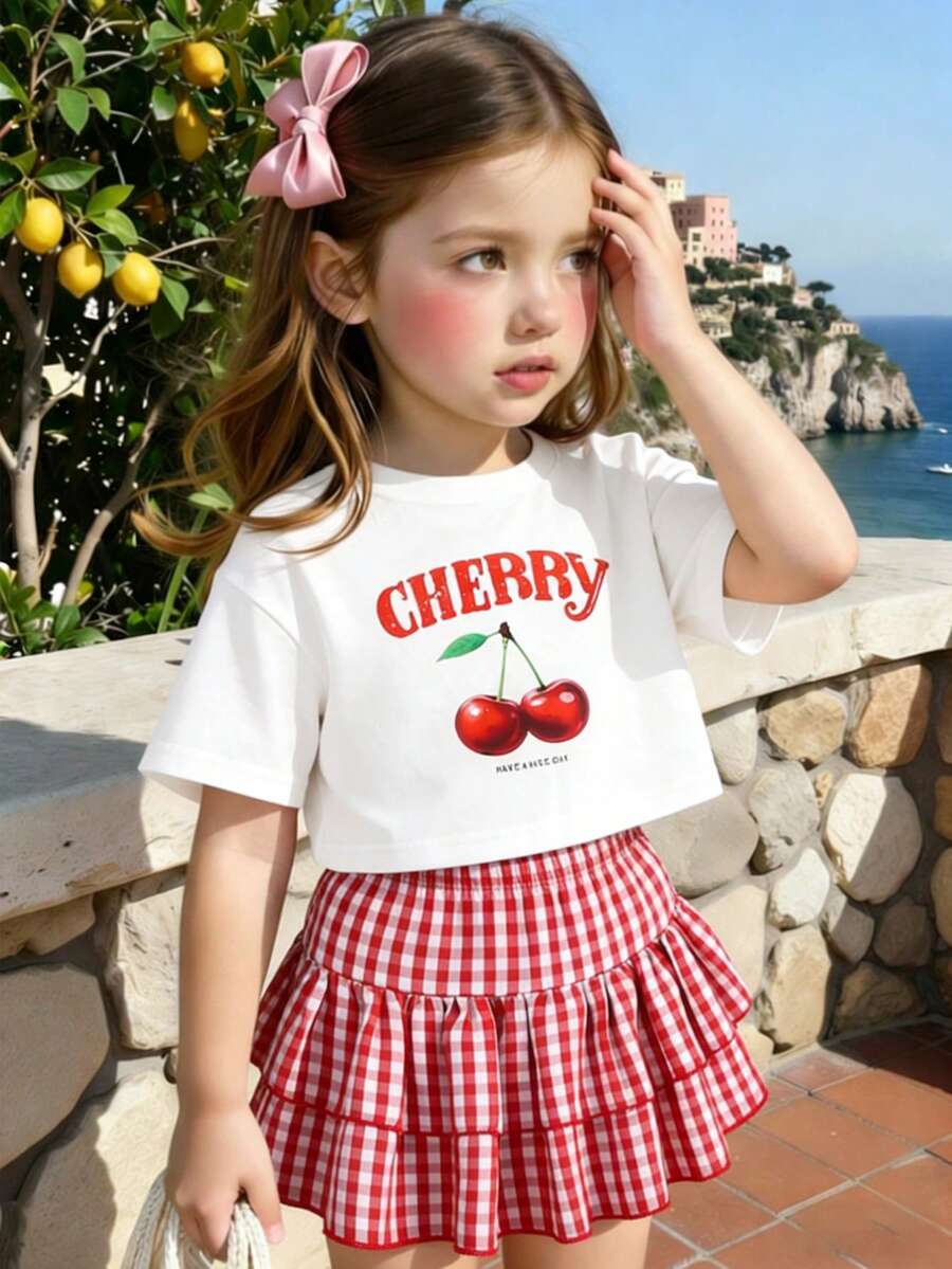 Genkimix Kids Setelan Motif Cherry untuk Anak Perempuan, Atasan Lengan Pendek Putih dan Rok Ruffle Kotak-kotak Merah, Musim Panas, Pakaian Serasi untuk Liburan Keluarga Anak-anak, Setelan Pakaian Manis 2 Potong - Merah - View 1
