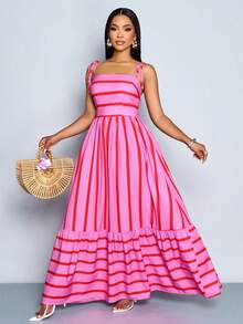 SHEIN PETITE Đầm nữ kẻ sọc thời trang, đa năng, buộc dây, xếp ly ở gấu, thanh lịch - Hồng - Xem 5