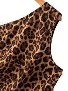 GlowEve CURVE Plus Size Women's Chocolate Brown Leopard Print Blouse, Summer Classy Sexy Night Out Tea Party Club Asymmetric Collar Sleeveless Cinched Waist A-Line - Multicolor - View 3