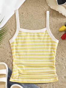 Tween Girls' Striped Camisole, All-Match Casual Versatile Style, Suitable For Daily Outings, Travel, School And Other Occasions - Yellow - View 2