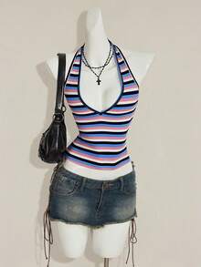 SHEIN ICON Sexy Deep V-Neck Rainbow Striped Tight Camisole,Summer Top - Multicolor - View 5