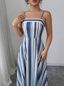 EMERY ROSE Non-Positioned Printed Spaghetti Strap Square Neck Waist Gathered A-Line Elegant Romantic Delicate Dress, Sexy Striped - Multicolor - View 7