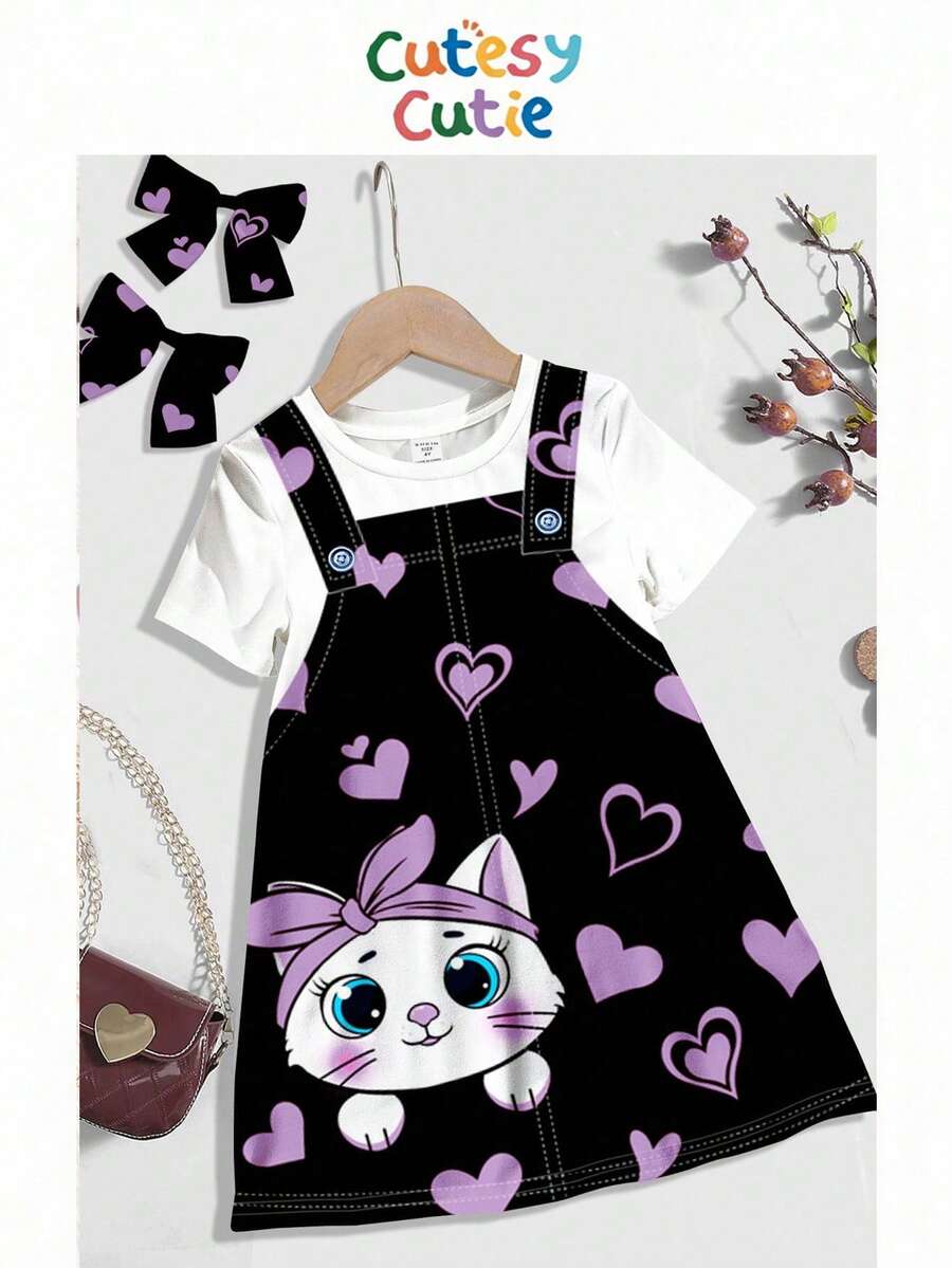 Cute Pink Heart & Kitty Print, Baby Girl Casual Loose Cartoon Pattern Round Neck Short Sleeve Dress, Suitable For Summer - Multicolor - View 1