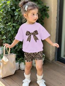 Vintage Leopard Print Bow, Baby Girl Casual Minimalist Round Neck Short Sleeve T-Shirt And Tight Shorts Set, Suitable For Spring And Summer - Multicolor - View 6