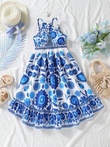 Young Girls' Fashionable Printed Spaghetti Strap Dress, Summer - Multicolor - View 2