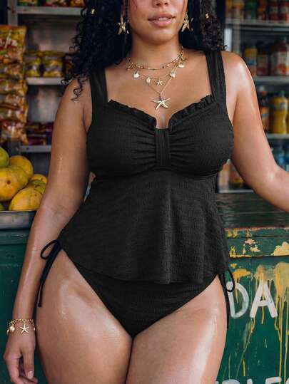 Swim Lushoire 2026 New Spring/Summer Plus Size Women Solid Color Wide Strap Pleated Front Loose Hem Tank Top & High Waist Pants Conservative Slimming 2-Piece Swimsuit