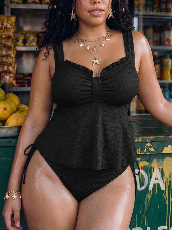 Swim Lushoire 2026 New Spring/Summer Plus Size Women Solid Color Wide Strap Pleated Front Loose Hem Tank Top & High Waist Pants Conservative Slimming 2-Piece Swimsuit