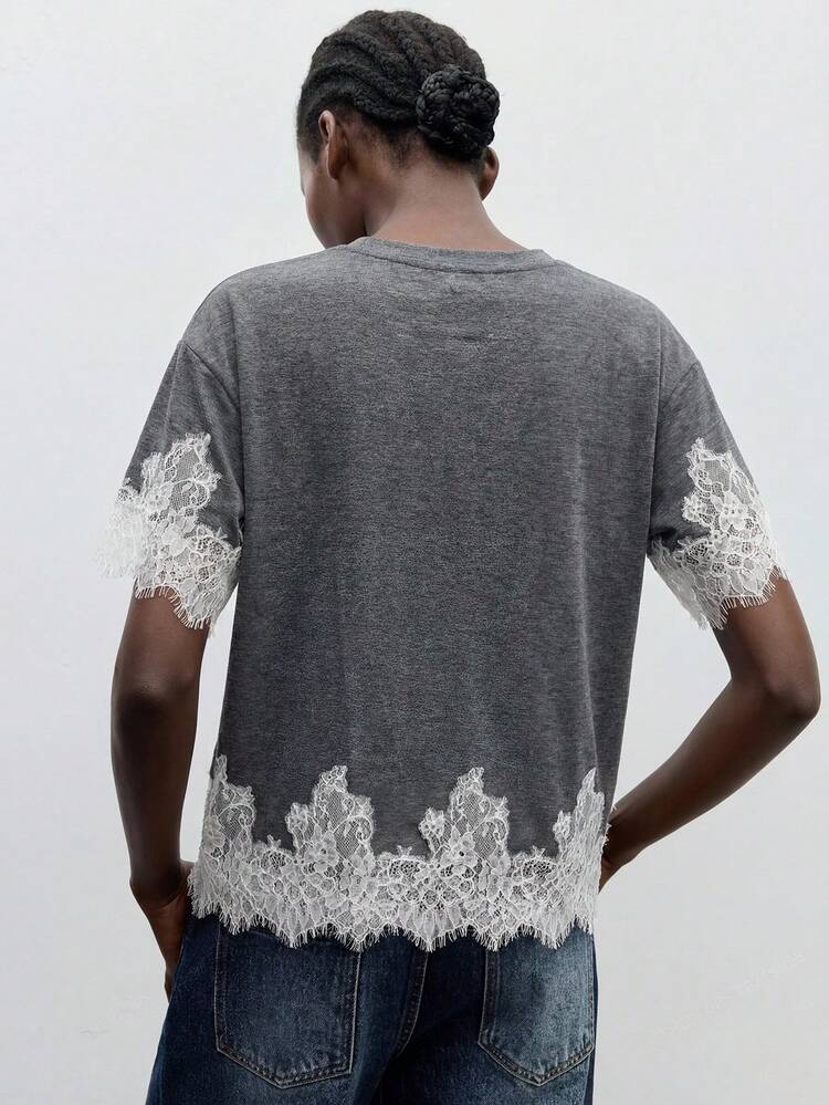 SHEIN Maija Women's Lace Patchwork Casual Versatile Daily Wear Short Sleeve T-Shirt, Summer T-Shirt, Summer Outfits , Summer Outfits For Women, Spring T-Shirt, Beach Outfits For Women, Vacation, Holiday Outfits , Elegant Women's T-Shirt, Vacation Outfits For Women , Country Style For Women ,Lace T-Shirt