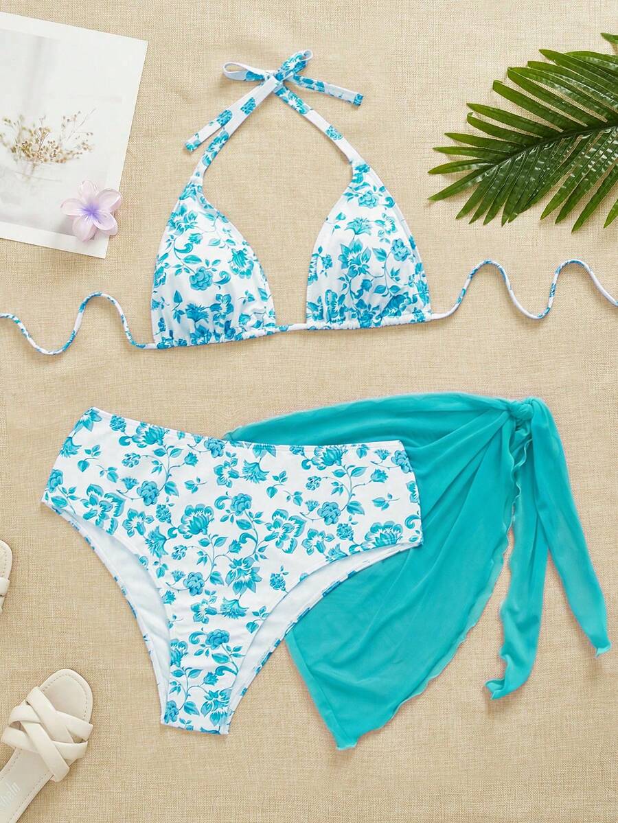 Swim Mod 大码女式三件套随机印花吊带比基尼泳衣 - 藍色 - 查看 1