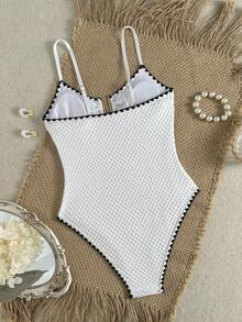 Swim Lushoire Traje de baño de una pieza ajustado, sexy, con escote en U, tirantes finos, textura especial, cuentas blancas y espalda hueca, para vacaciones de verano en la playa de las mujeres, 2026 nuevo - Blanco - Ver 2