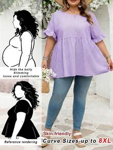 SHEIN CURVE+ Curve 加大码 US22 音乐节、海滨度假、波西米亚风 CURVE PLUS / / 女士格纹印花衬衫，适合春夏波西米亚风度假，休闲娃娃风衬衫 - 紫色 - 查看 1